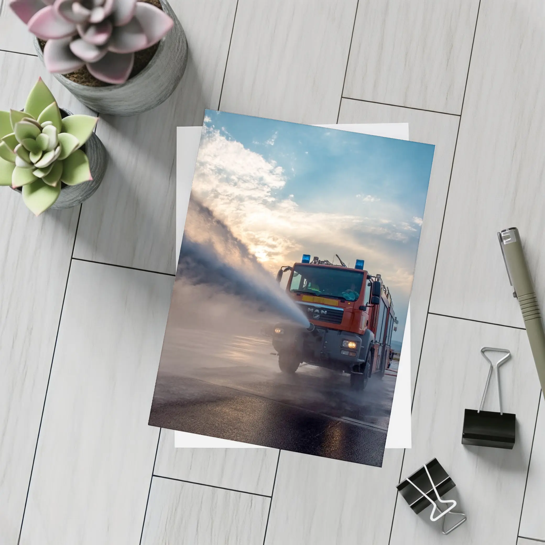 MAN Fire Truck Spraying Water Dramatic Sky – Postcards