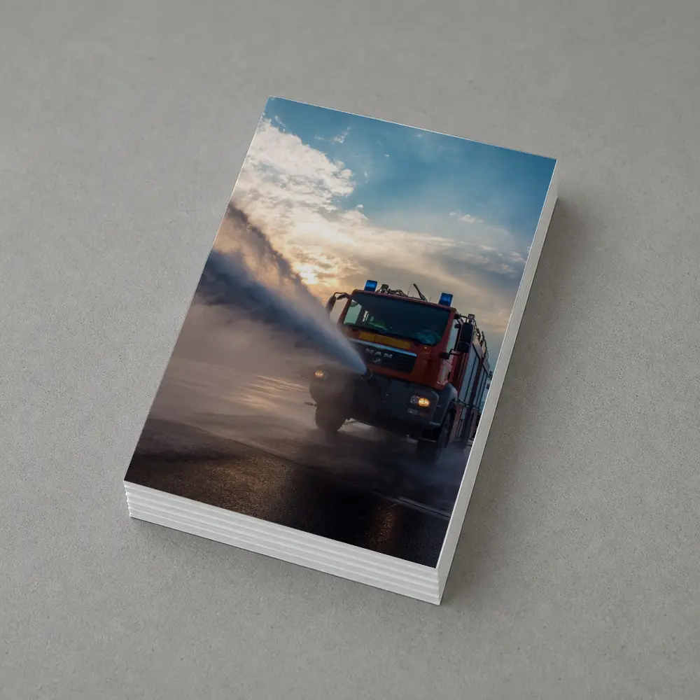 MAN Fire Truck Spraying Water Dramatic Sky – Postcards