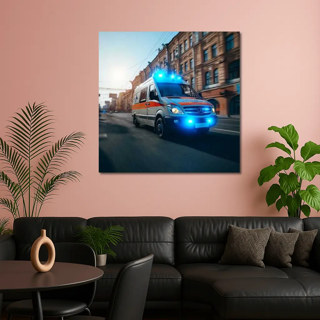 Mercedes Ambulance Racing Through City Street – Wall Art