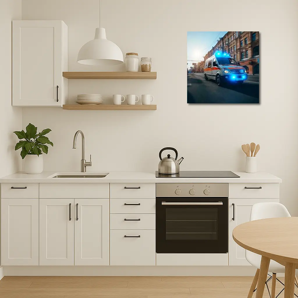 Mercedes Ambulance Racing Through City Street – Wall Art
