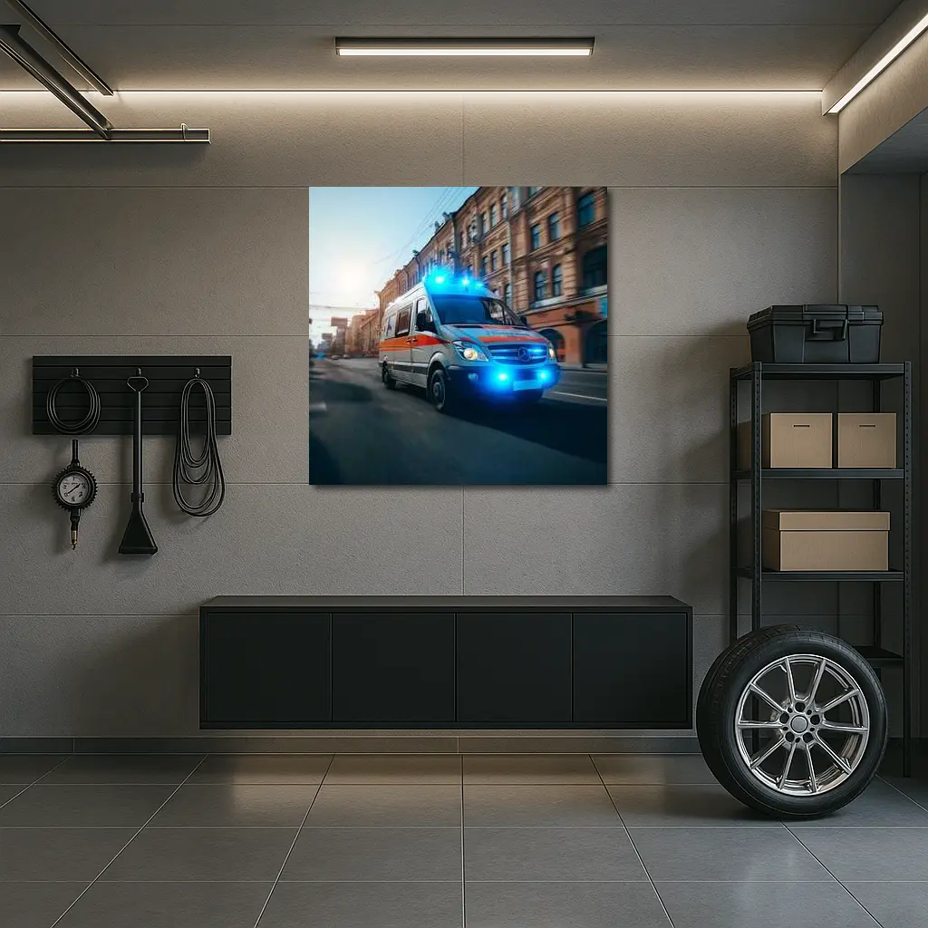 Mercedes Ambulance Racing Through City Street – Wall Art