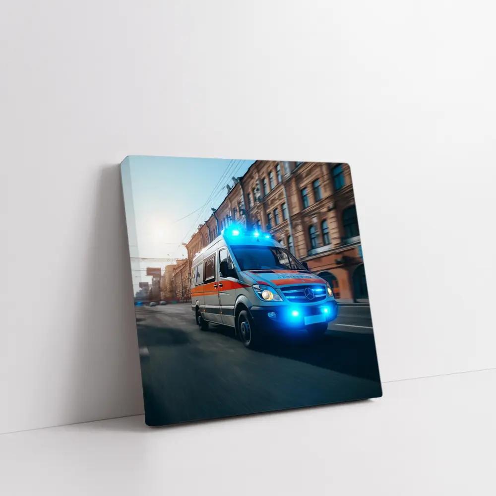 Mercedes Ambulance Racing Through City Street – Wall Art
