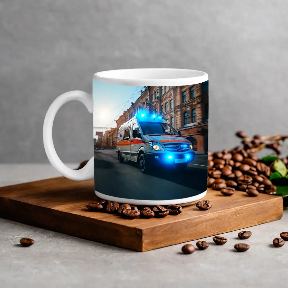 Mercedes Ambulance Racing Through City Street – Mugs