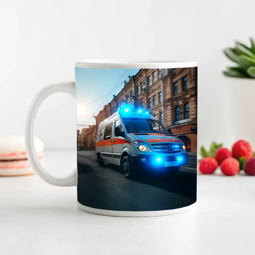 Mercedes Ambulance Racing Through City Street – Mugs