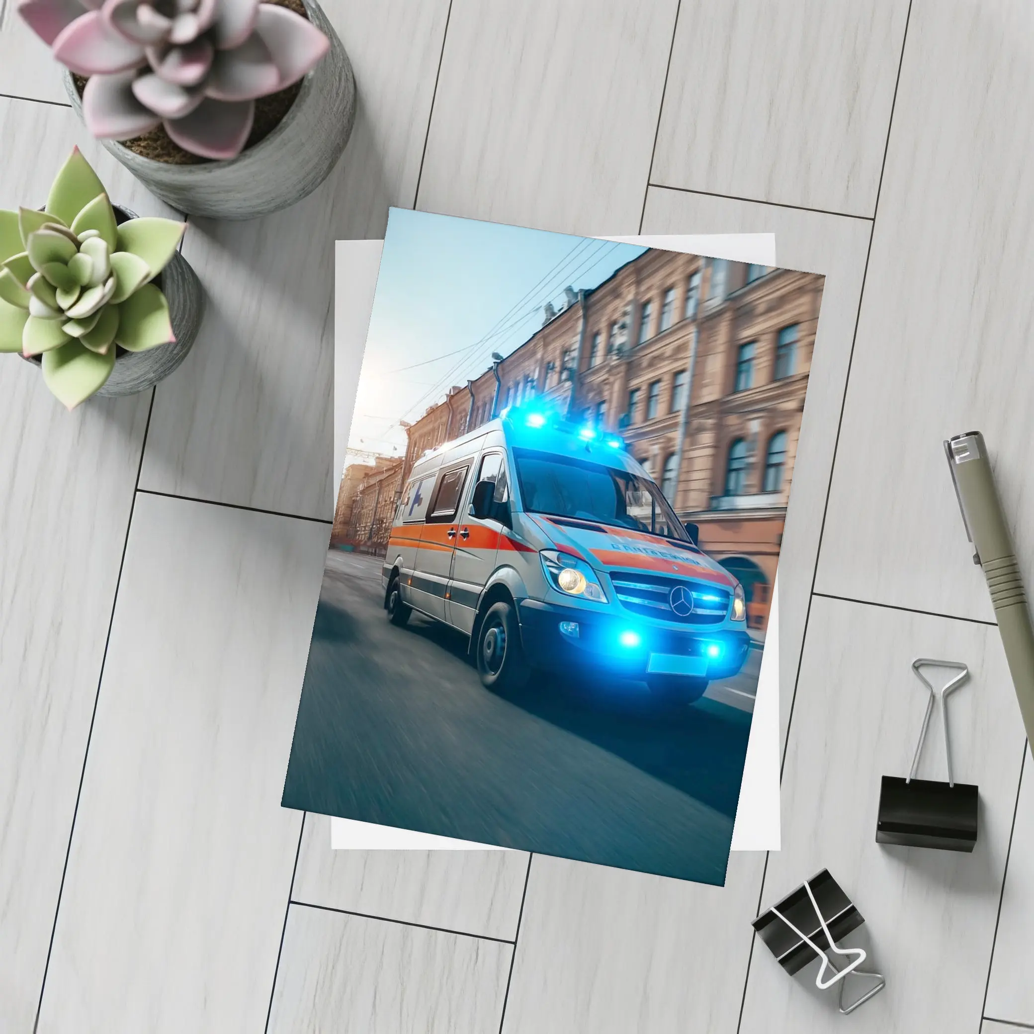 Mercedes Ambulance Racing Through City Street – Postcards