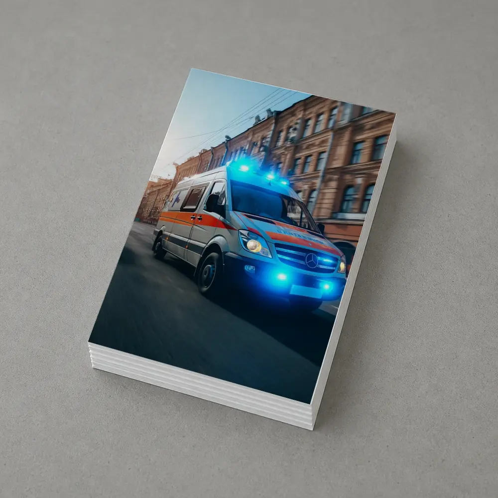 Mercedes Ambulance Racing Through City Street – Postcards