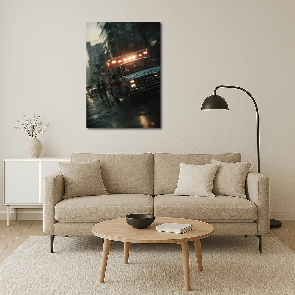 Ambulance Rushing Through Rainy City Streets – Wall Art