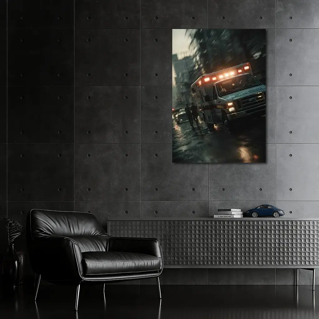 Ambulance Rushing Through Rainy City Streets – Wall Art