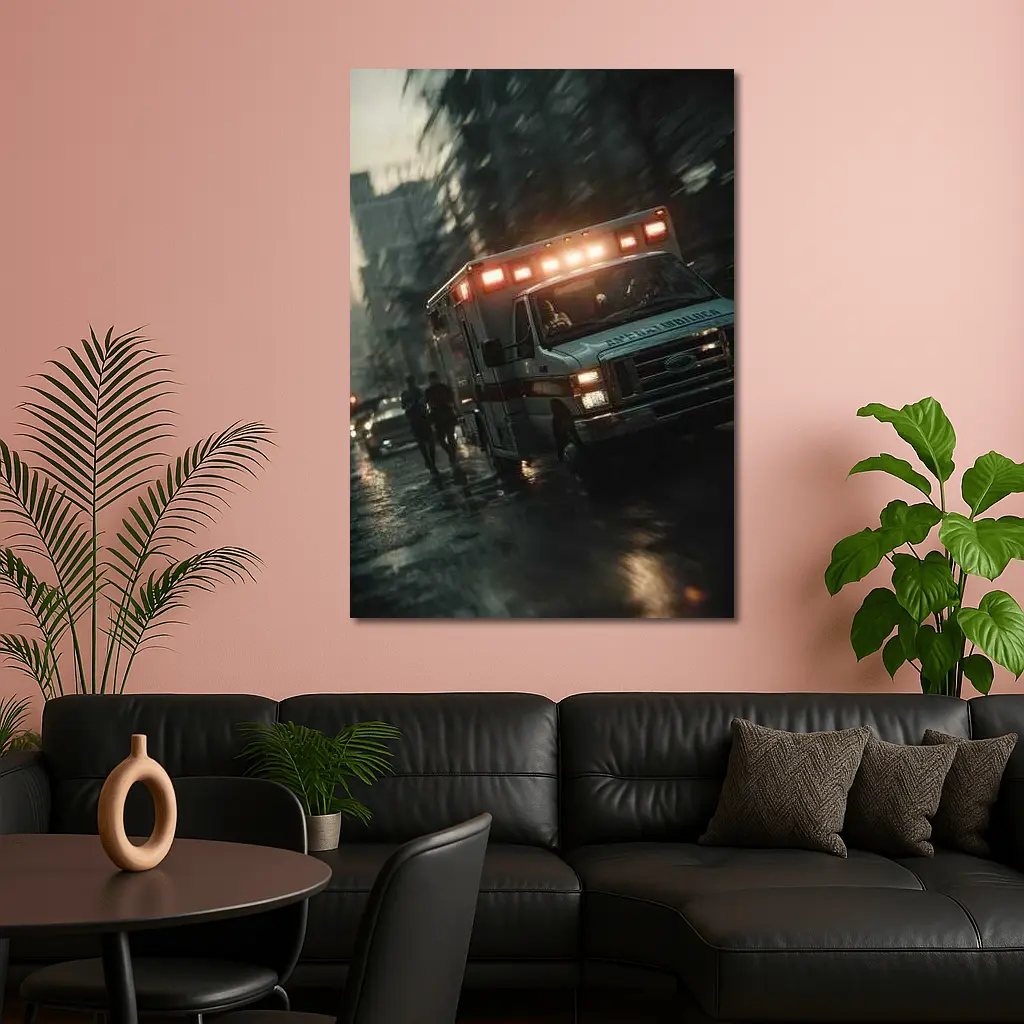 Ambulance Rushing Through Rainy City Streets – Wall Art