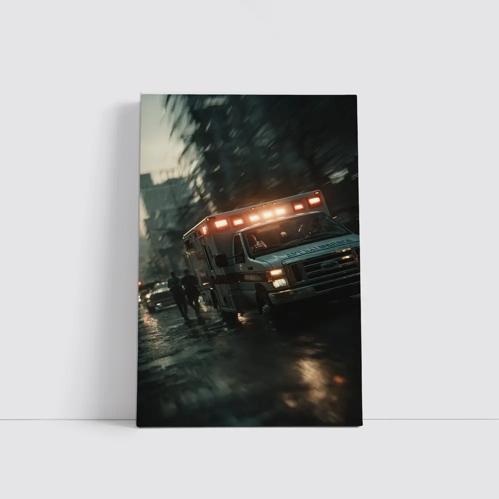 Ambulance Rushing Through Rainy City Streets – Wall Art
