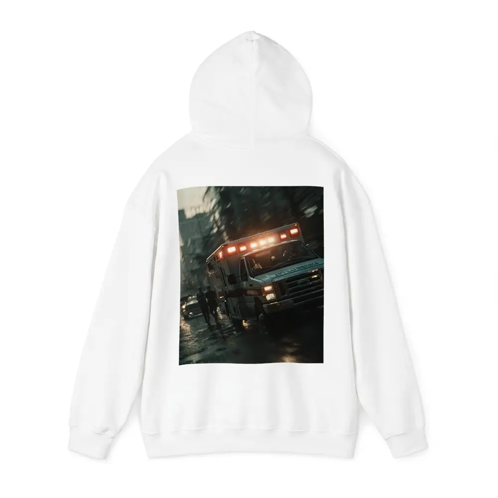 Ambulance Rushing Through Rainy City Streets – Hoodies