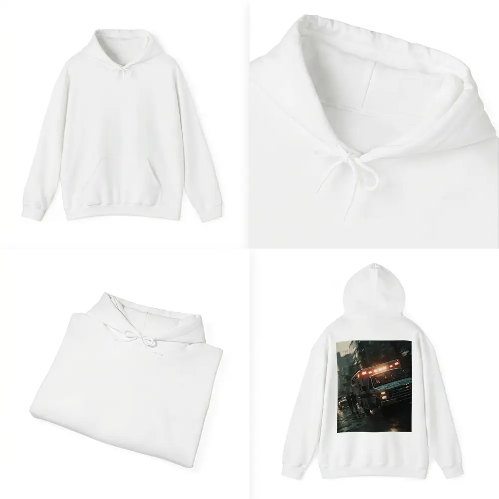 Ambulance Rushing Through Rainy City Streets – Hoodies