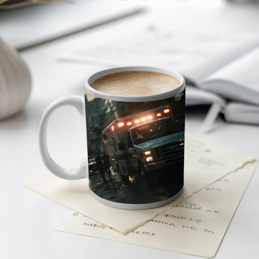 Ambulance Rushing Through Rainy City Streets – Mugs