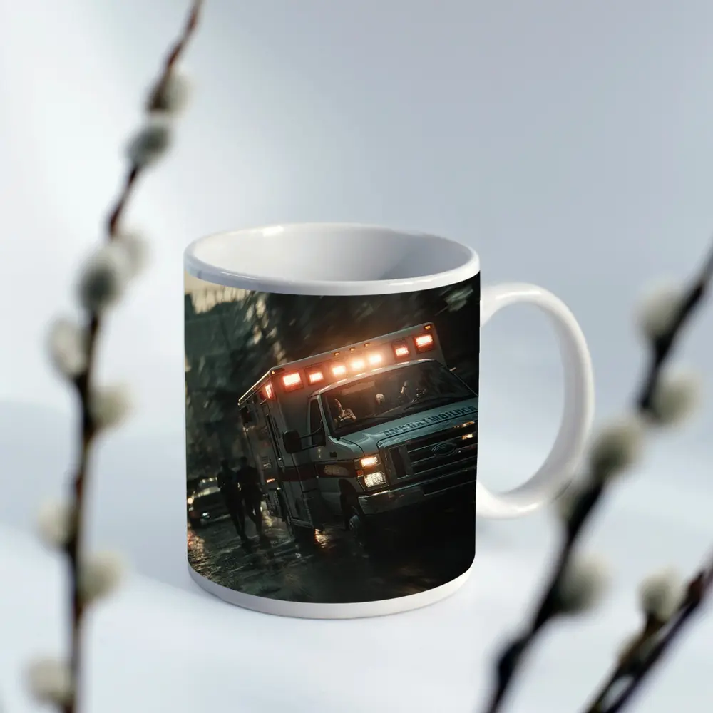 Ambulance Rushing Through Rainy City Streets – Mugs