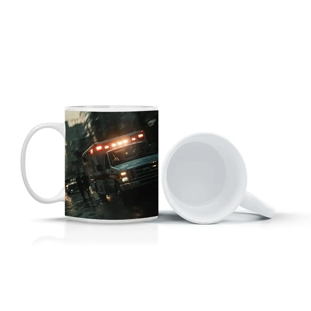 Ambulance Rushing Through Rainy City Streets – Mugs