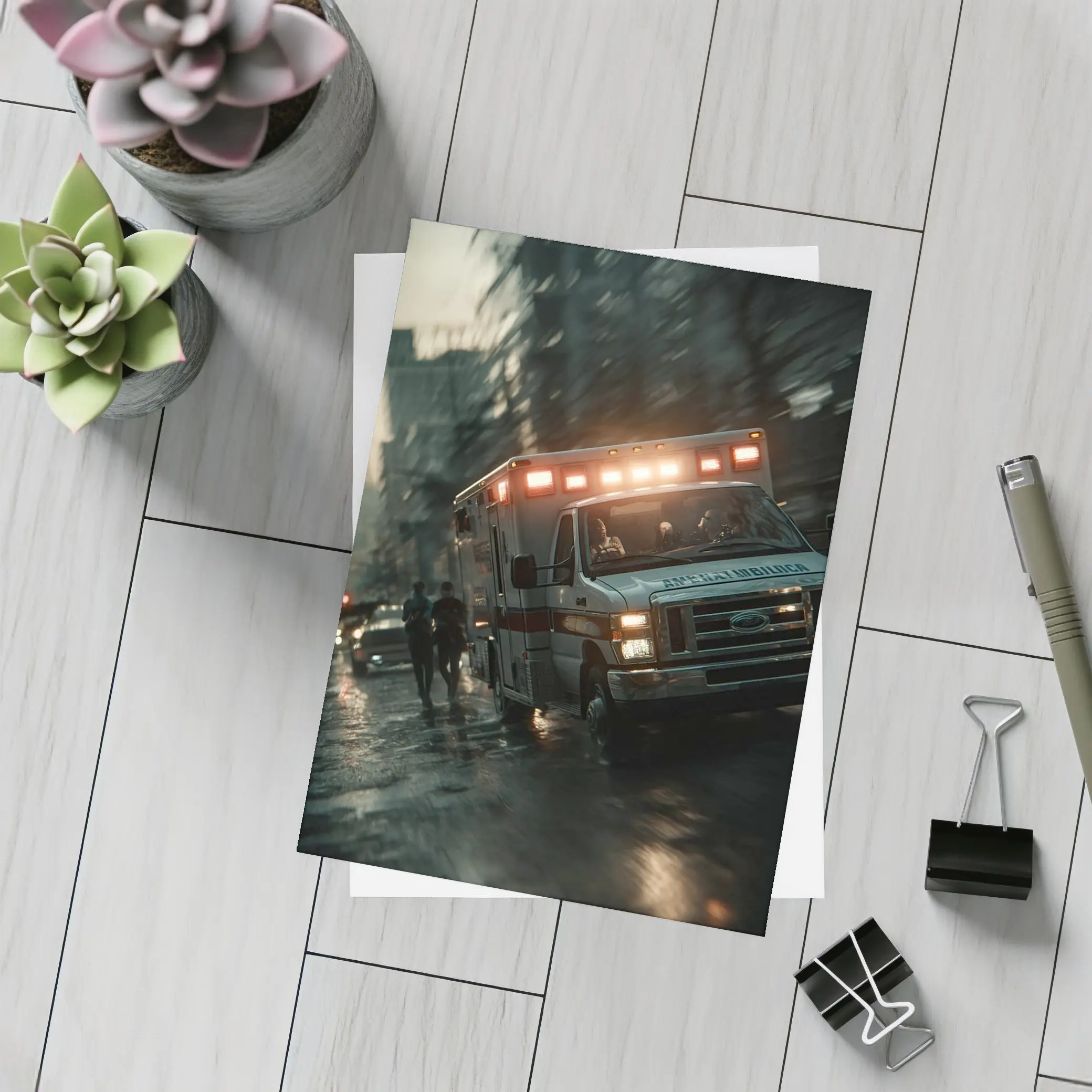 Ambulance Rushing Through Rainy City Streets – Postcards