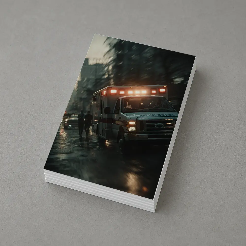 Ambulance Rushing Through Rainy City Streets – Postcards