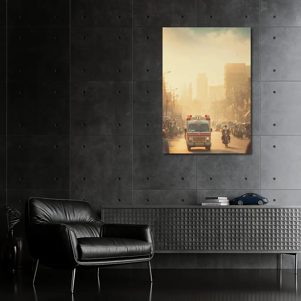 Ambulance Driving Through Hazy Indian City Street – Wall Art