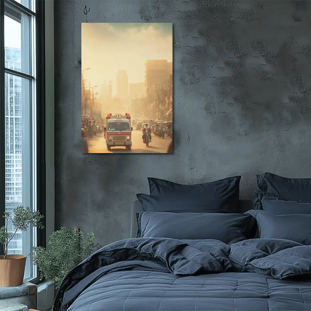 Ambulance Driving Through Hazy Indian City Street – Wall Art