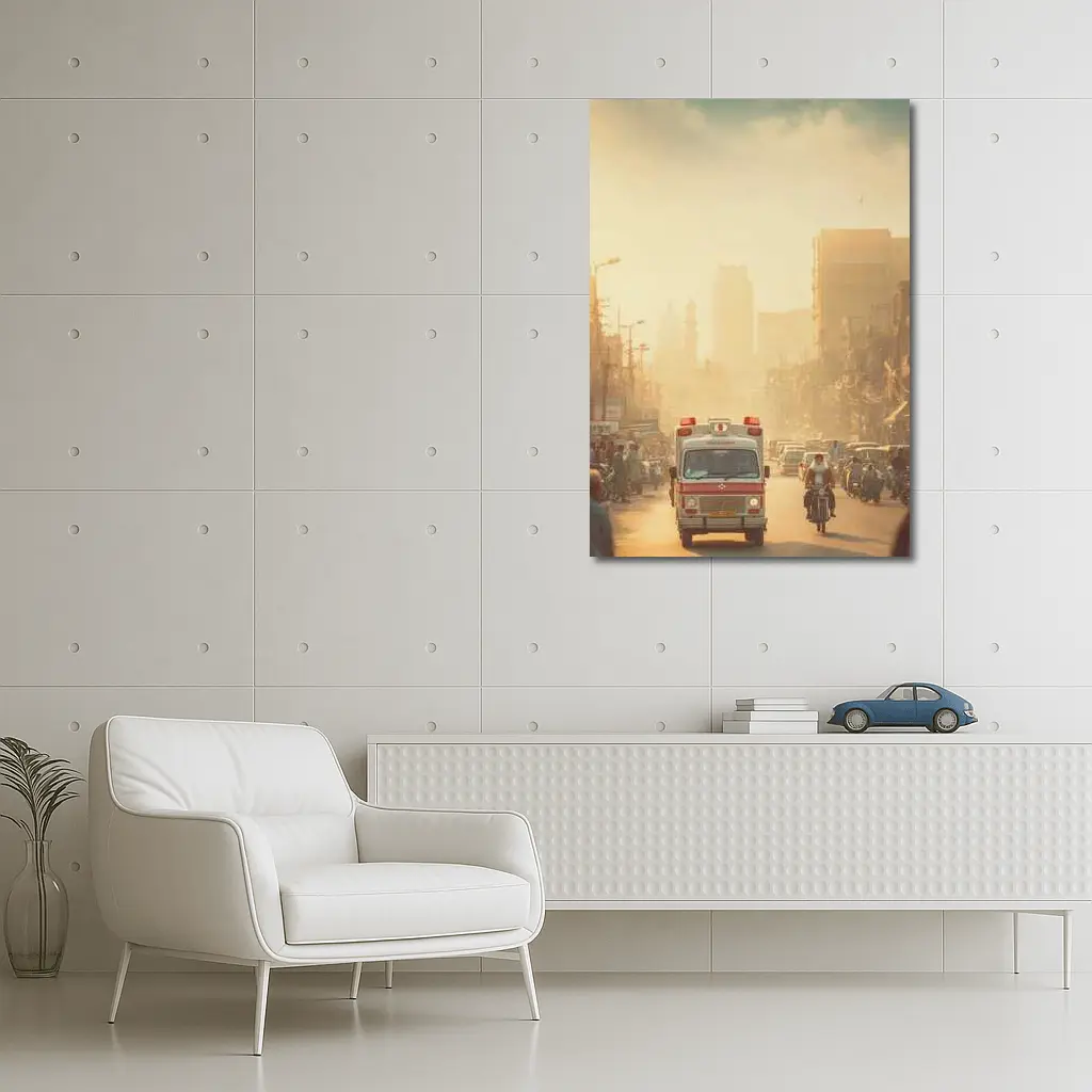 Ambulance Driving Through Hazy Indian City Street – Wall Art