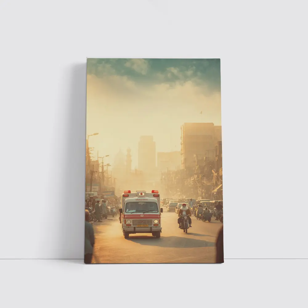 Ambulance Driving Through Hazy Indian City Street – Wall Art