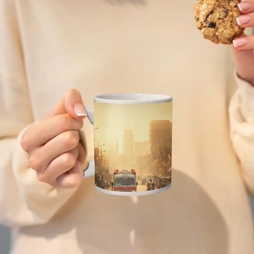 Ambulance Driving Through Hazy Indian City Street – Mugs