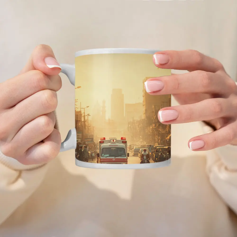 Ambulance Driving Through Hazy Indian City Street – Mugs