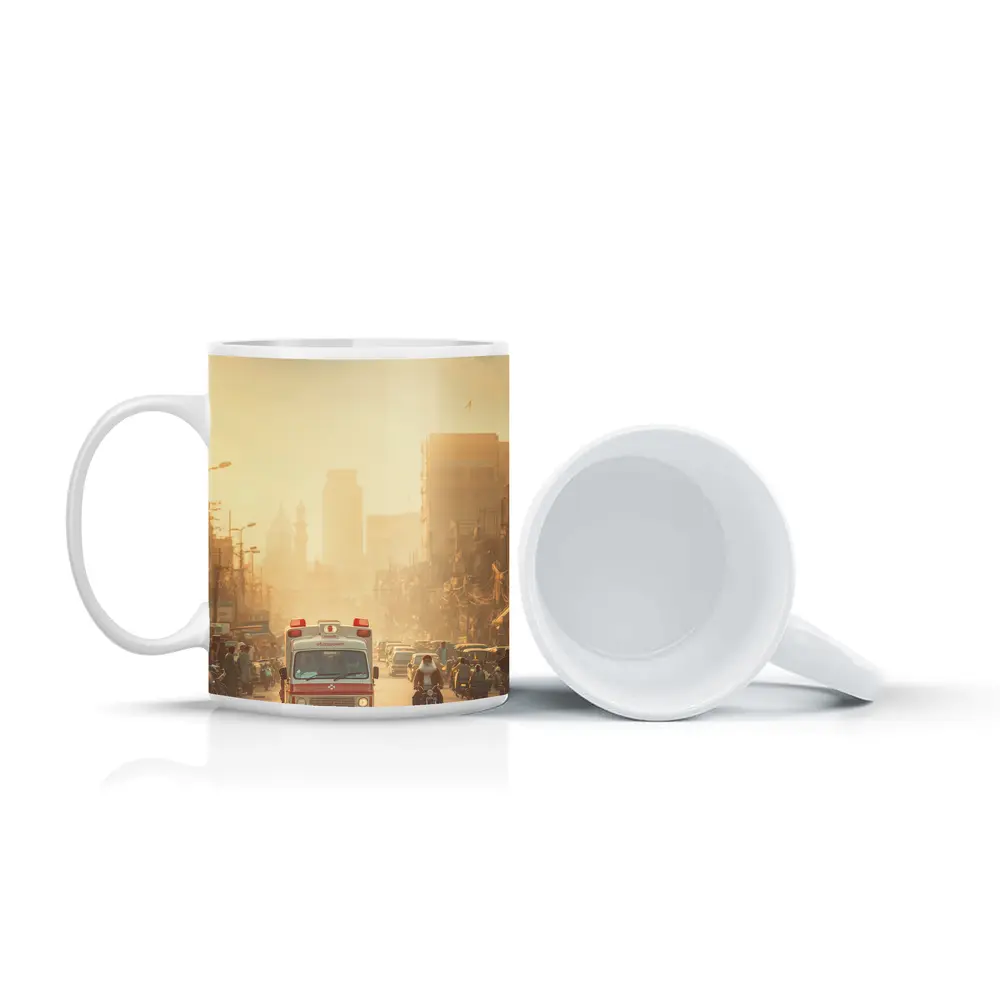 Ambulance Driving Through Hazy Indian City Street – Mugs