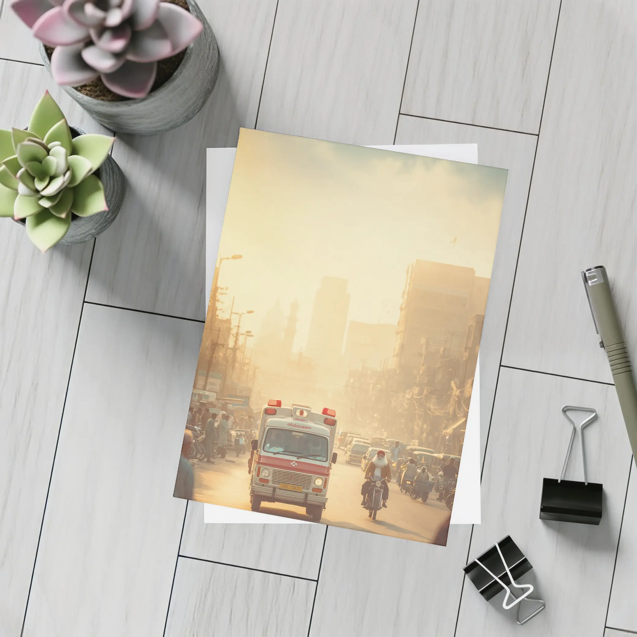 Ambulance Driving Through Hazy Indian City Street – Postcards