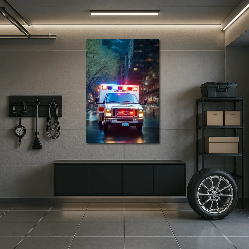 Ambulance Racing Through Rainy City Streets – Wall Art