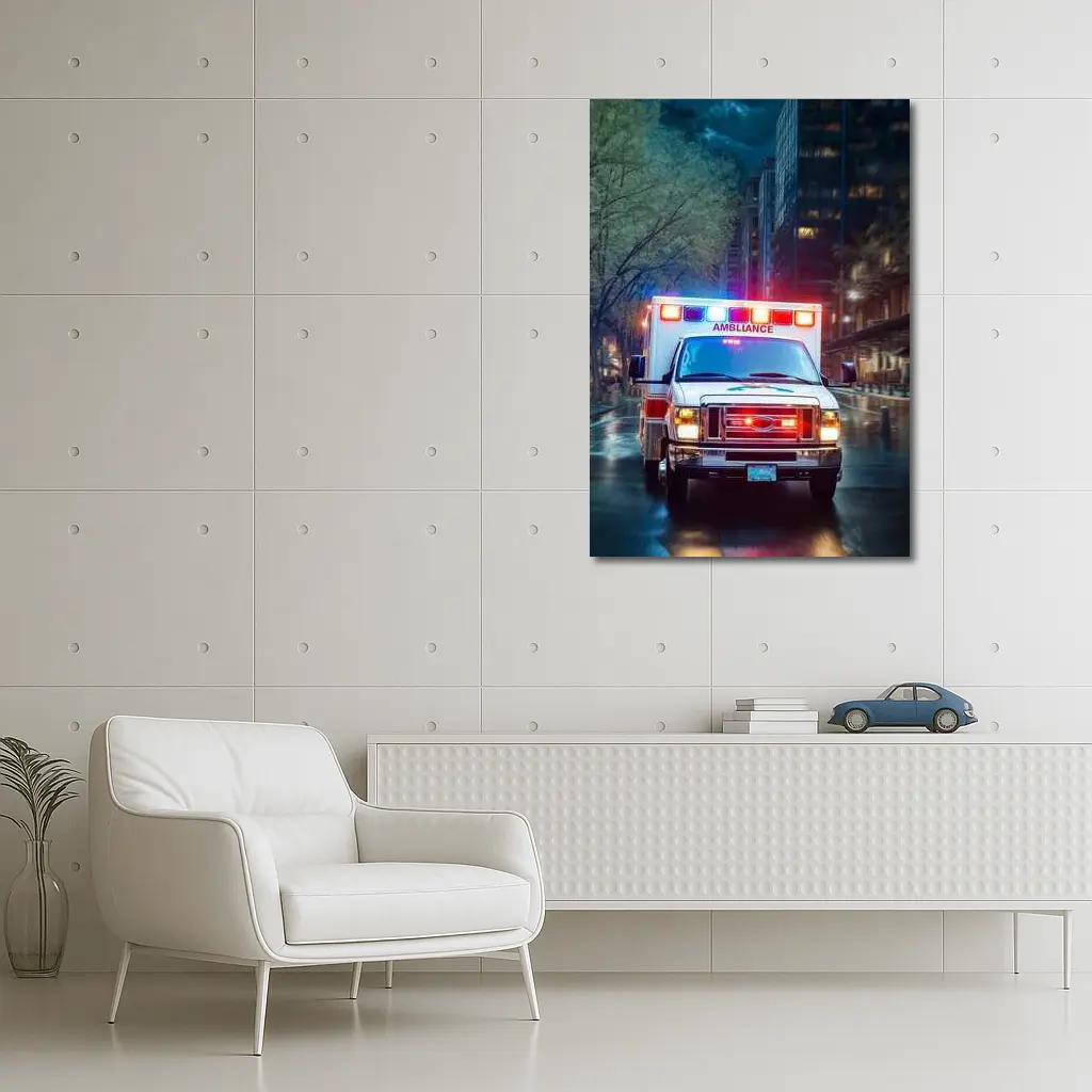 Ambulance Racing Through Rainy City Streets – Wall Art