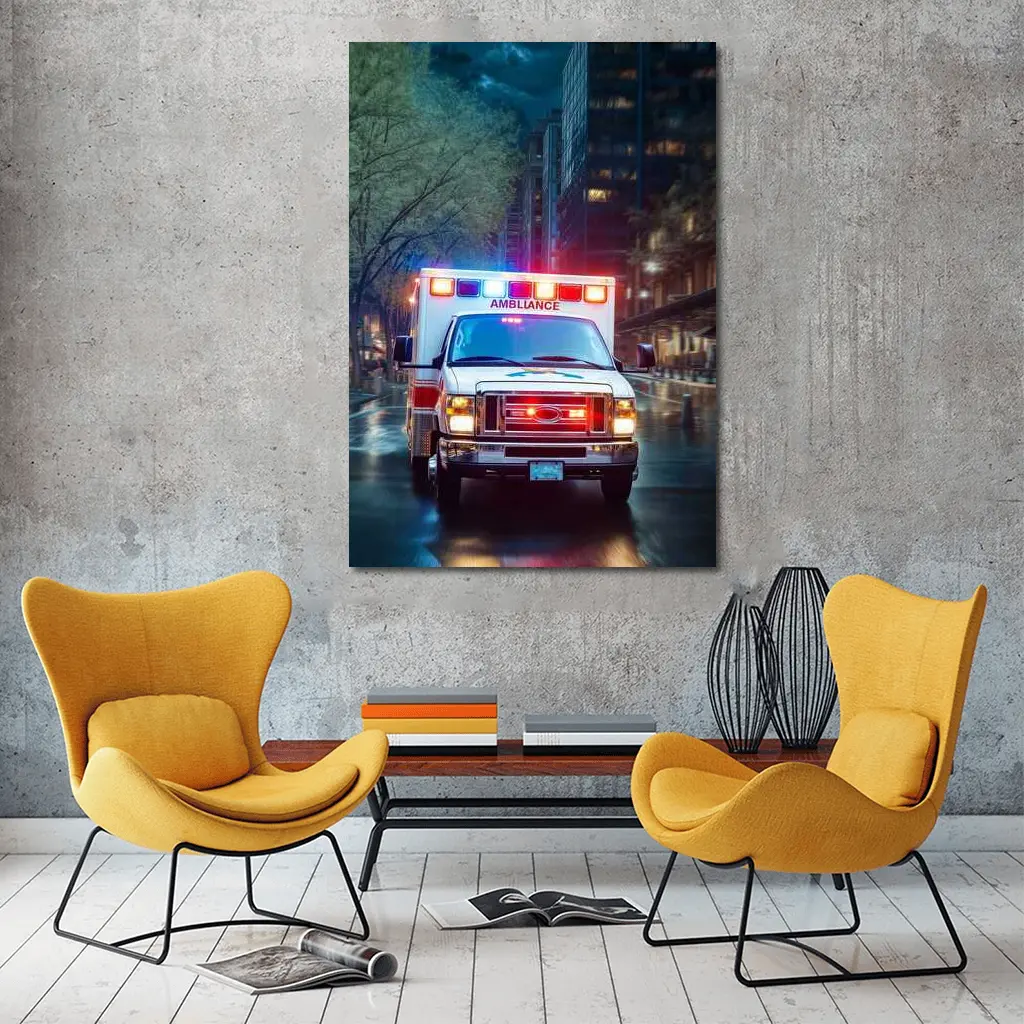Ambulance Racing Through Rainy City Streets – Wall Art