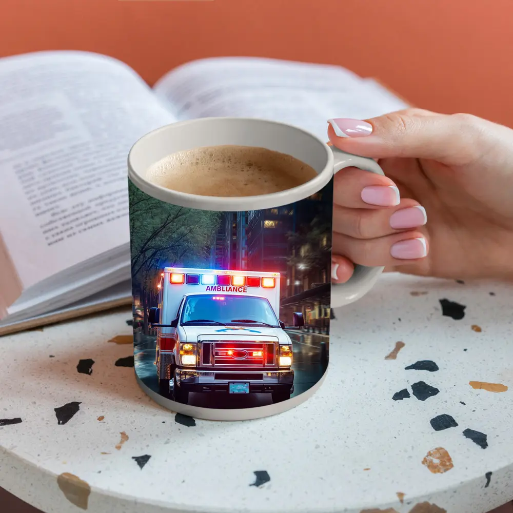 Ambulance Racing Through Rainy City Streets – Mugs