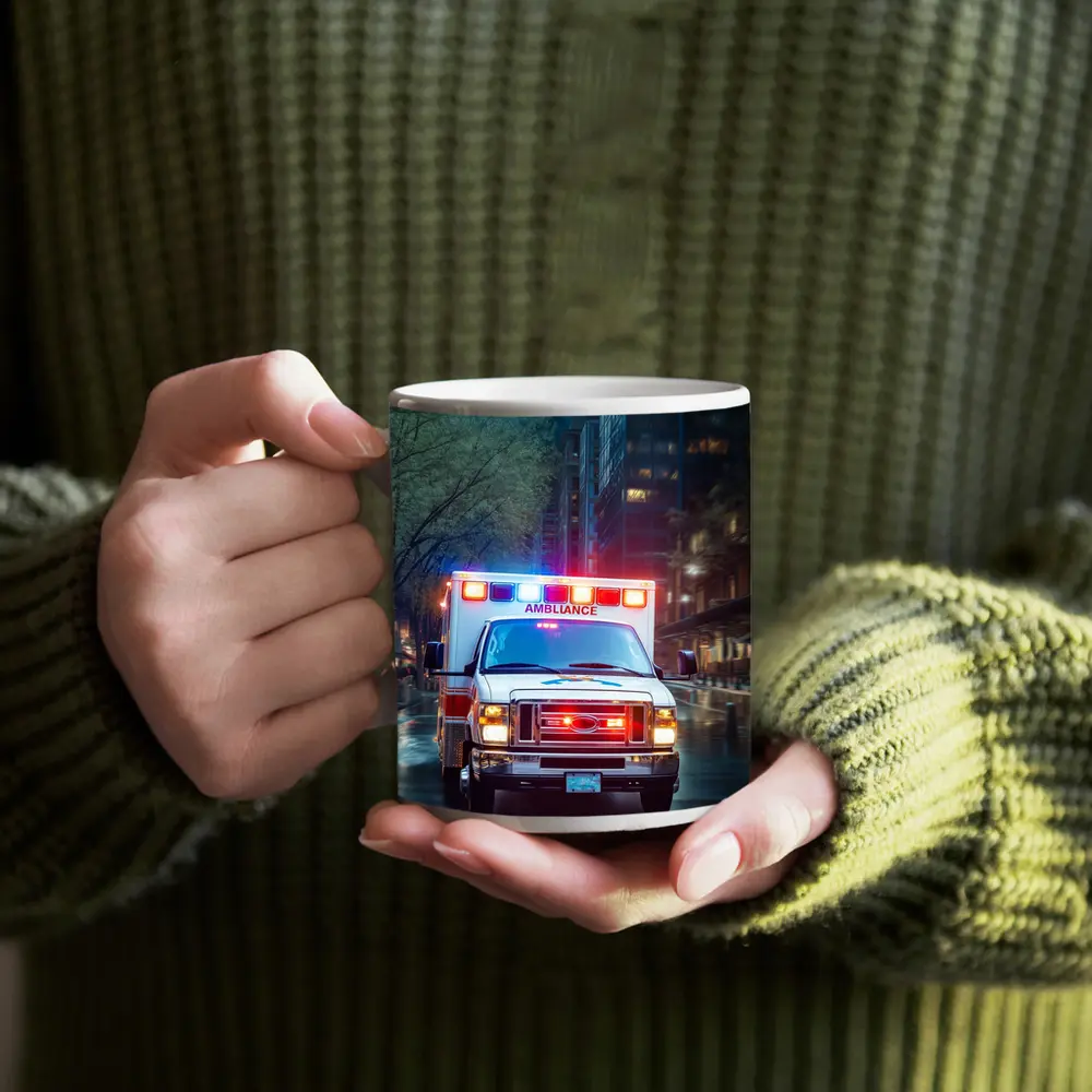 Ambulance Racing Through Rainy City Streets – Mugs