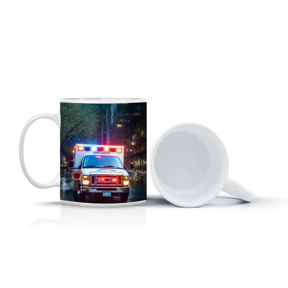 Ambulance Racing Through Rainy City Streets – Mugs