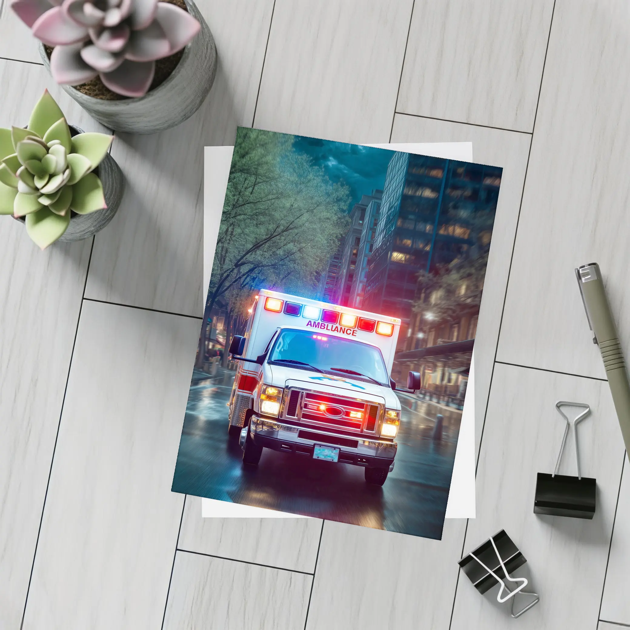 Ambulance Racing Through Rainy City Streets – Postcards