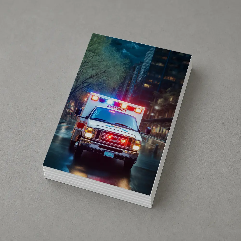 Ambulance Racing Through Rainy City Streets – Postcards