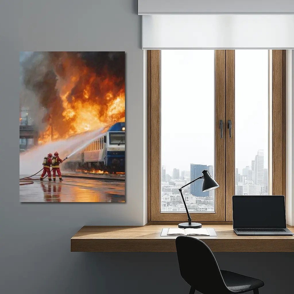Firefighters Battling Burning Train Oil Painting – Wall Art