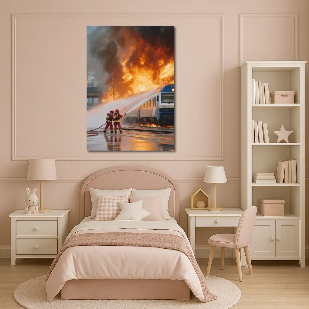 Firefighters Battling Burning Train Oil Painting – Wall Art