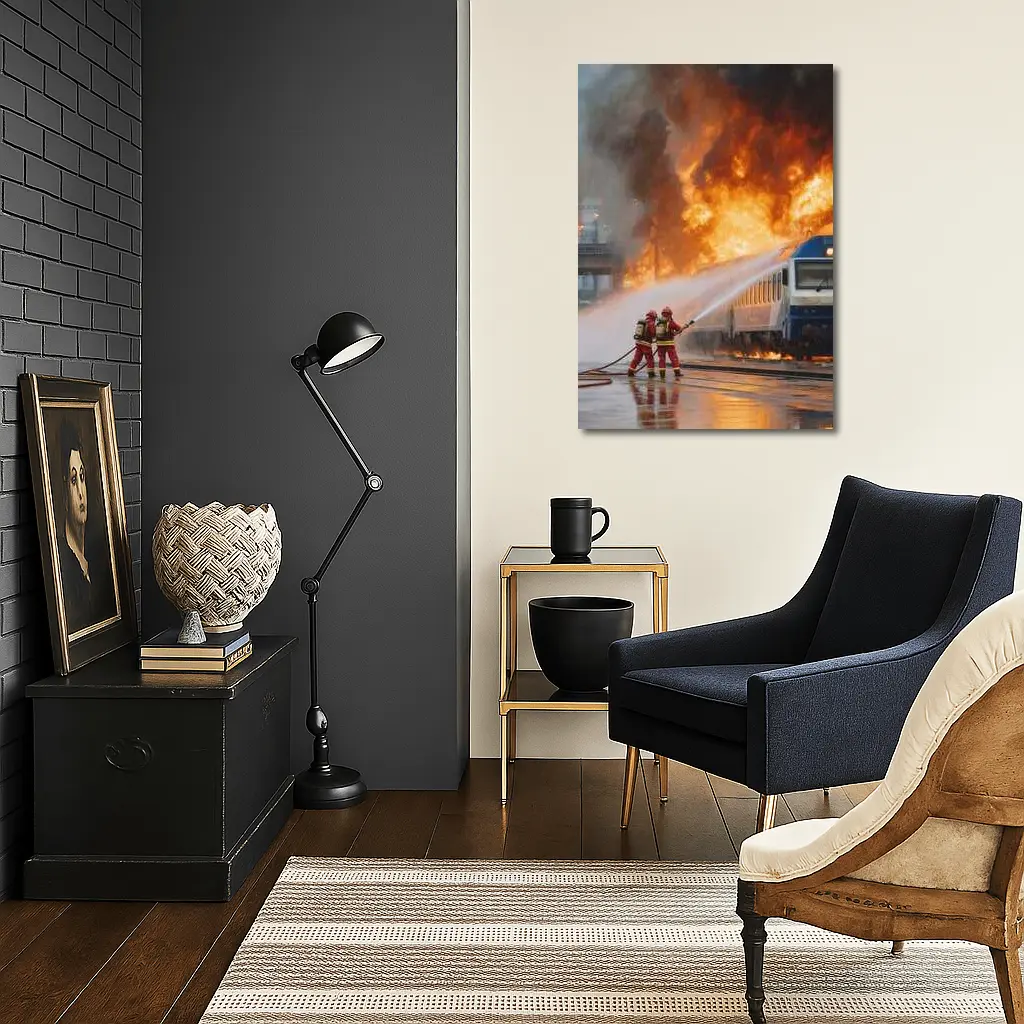 Firefighters Battling Burning Train Oil Painting – Wall Art