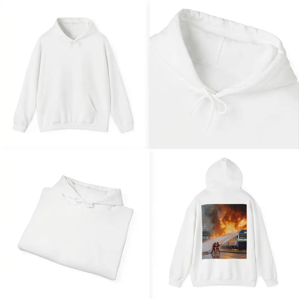 Firefighters Battling Burning Train Oil Painting – Hoodies