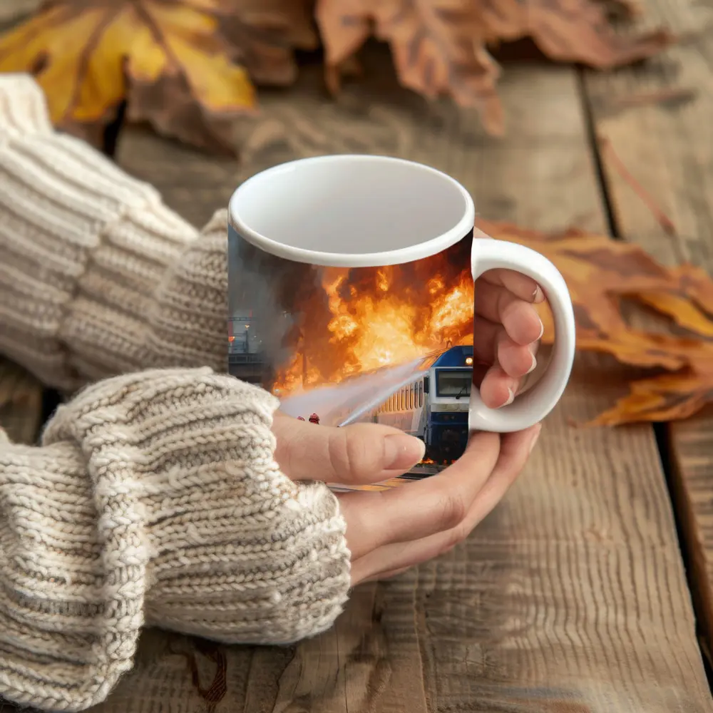 Firefighters Battling Burning Train Oil Painting – Mugs