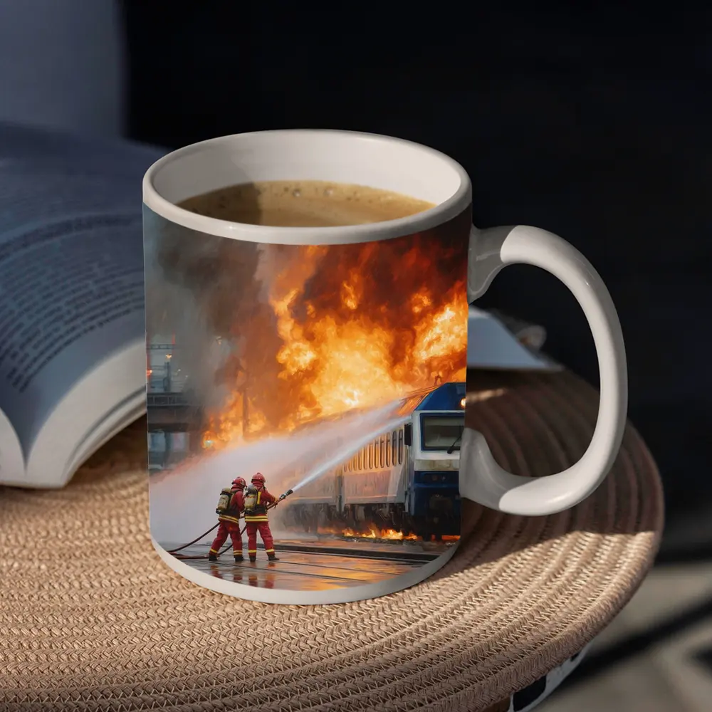 Firefighters Battling Burning Train Oil Painting – Mugs