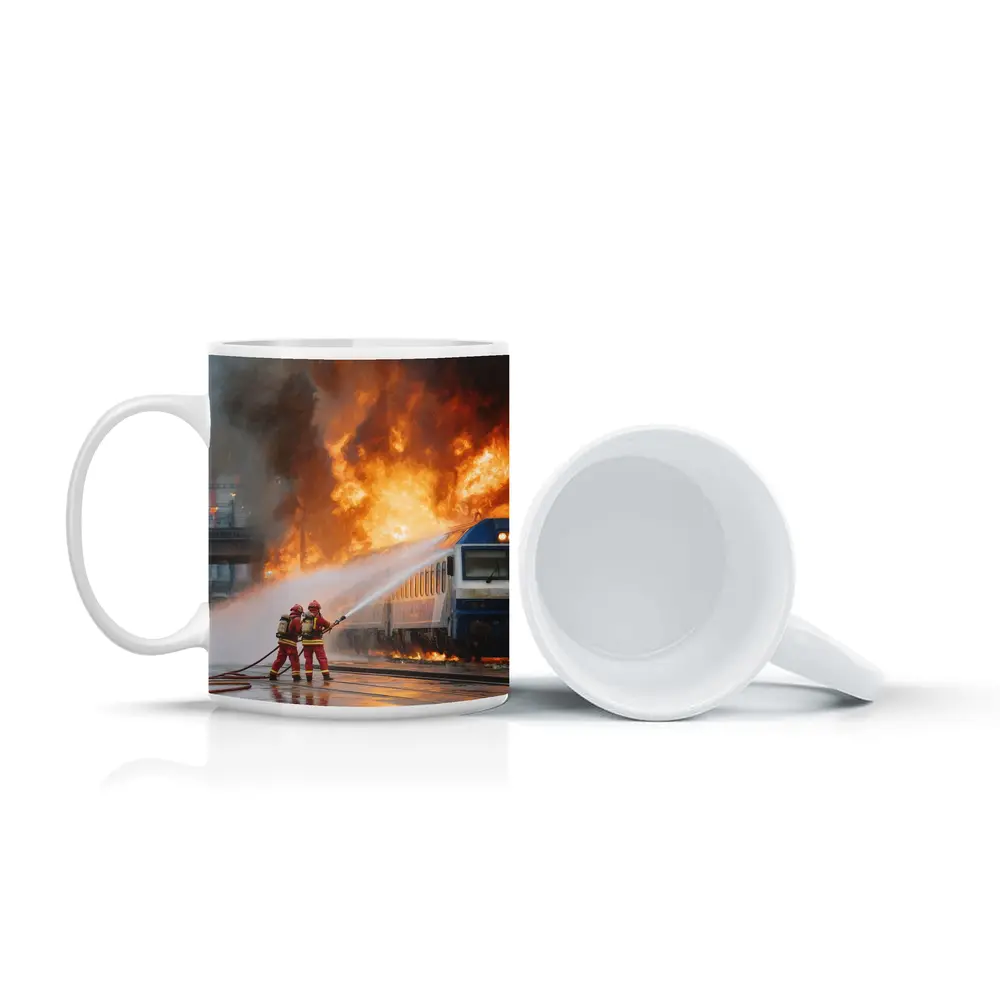 Firefighters Battling Burning Train Oil Painting – Mugs