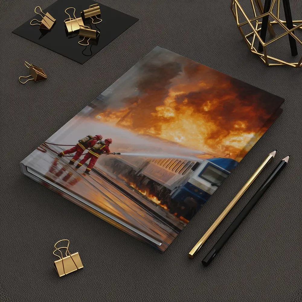 Firefighters Battling Burning Train Oil Painting – Notebooks