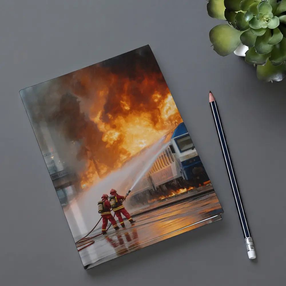 Firefighters Battling Burning Train Oil Painting – Notebooks