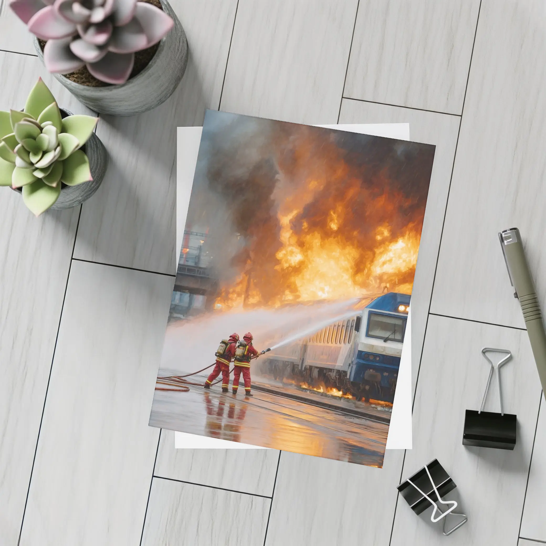 Firefighters Battling Burning Train Oil Painting – Postcards