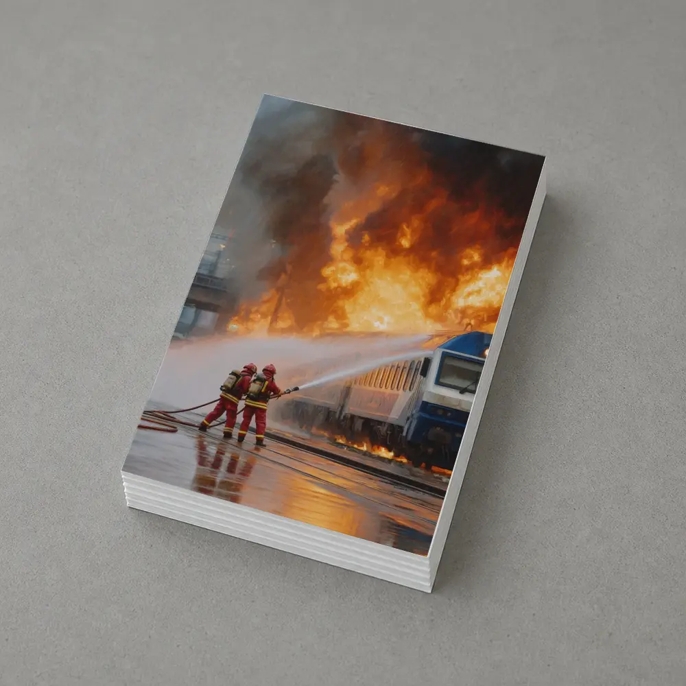 Firefighters Battling Burning Train Oil Painting – Postcards