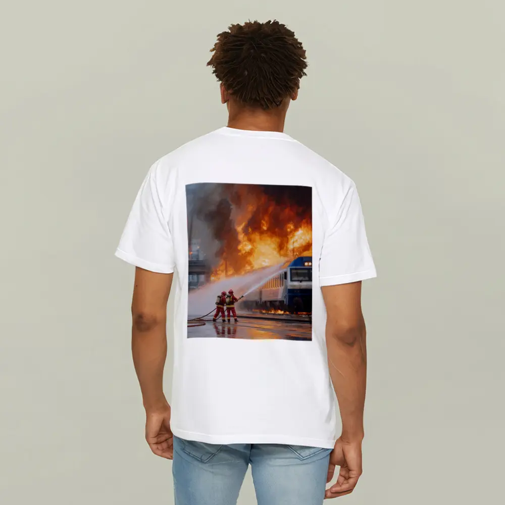 Firefighters Battling Burning Train Oil Painting – T-Shirts