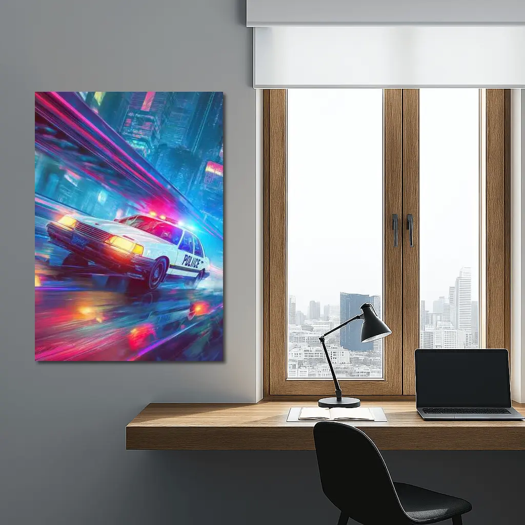 Police Car Speeding Through Neon Cyberpunk City – Wall Art